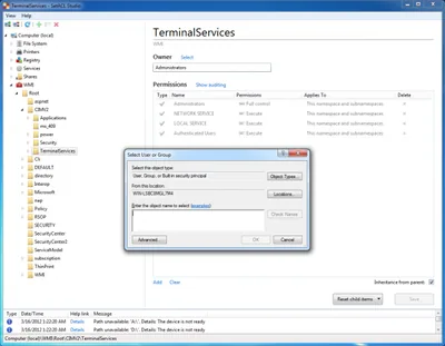 SetACL Studio 1.2 - WMI - Terminal Services - Select owner