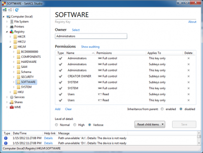 SetACL Studio - HKLM-Software - verbose
