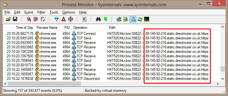 Accessing helgeklein.com in Chrome - monitored with Sysinternals Process Explorer - highlighted