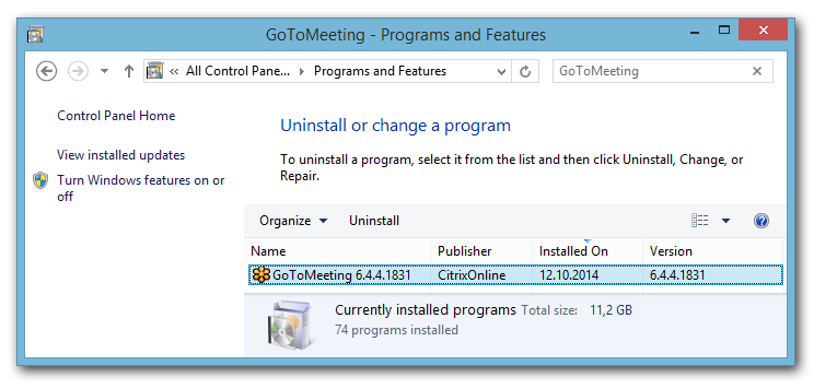 GoToMeeting version shown in programs and features