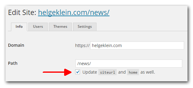 WordPress subsite - update siteurl