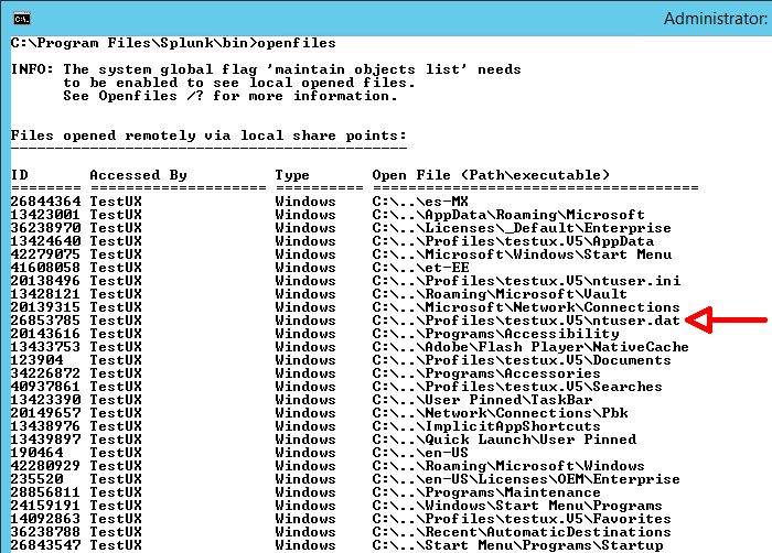 Openfiles output on the file server