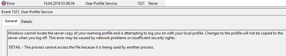 Roaming profile error 1521 in event viewer